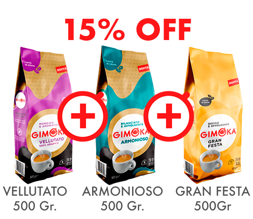 PACK CAFÉ EN GRANOS GIMOKA 500 GR (Vellutato 500 gr. + Armonioso 500 gr. + Gran Festa 500 gr.)